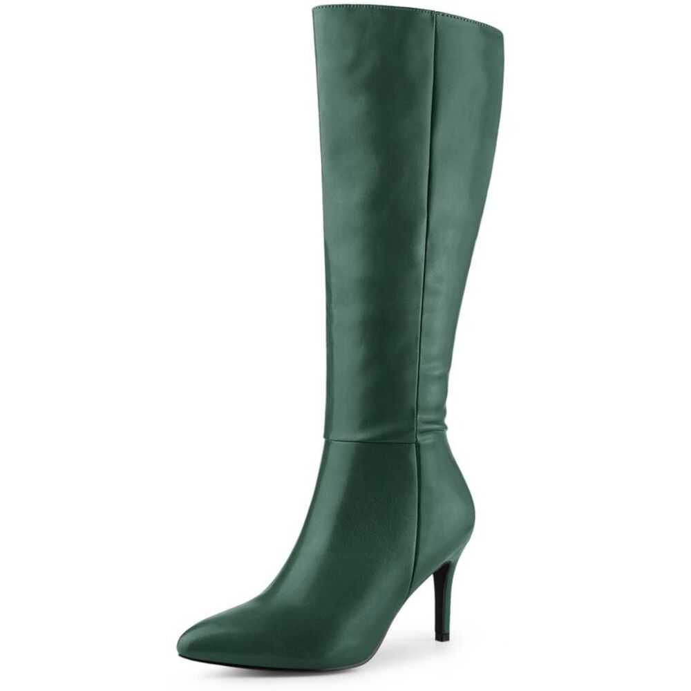 High Heels Pointed Stiletto Heel Dark Green Knee High Boots
